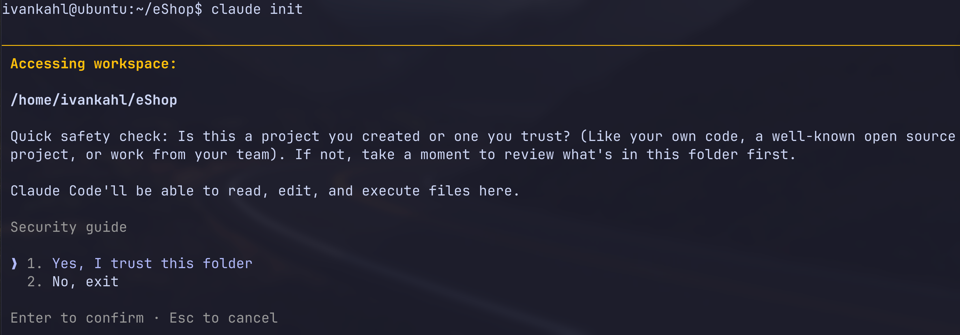 Screenshot showing Claude Code prompts you to trust the current directory.
