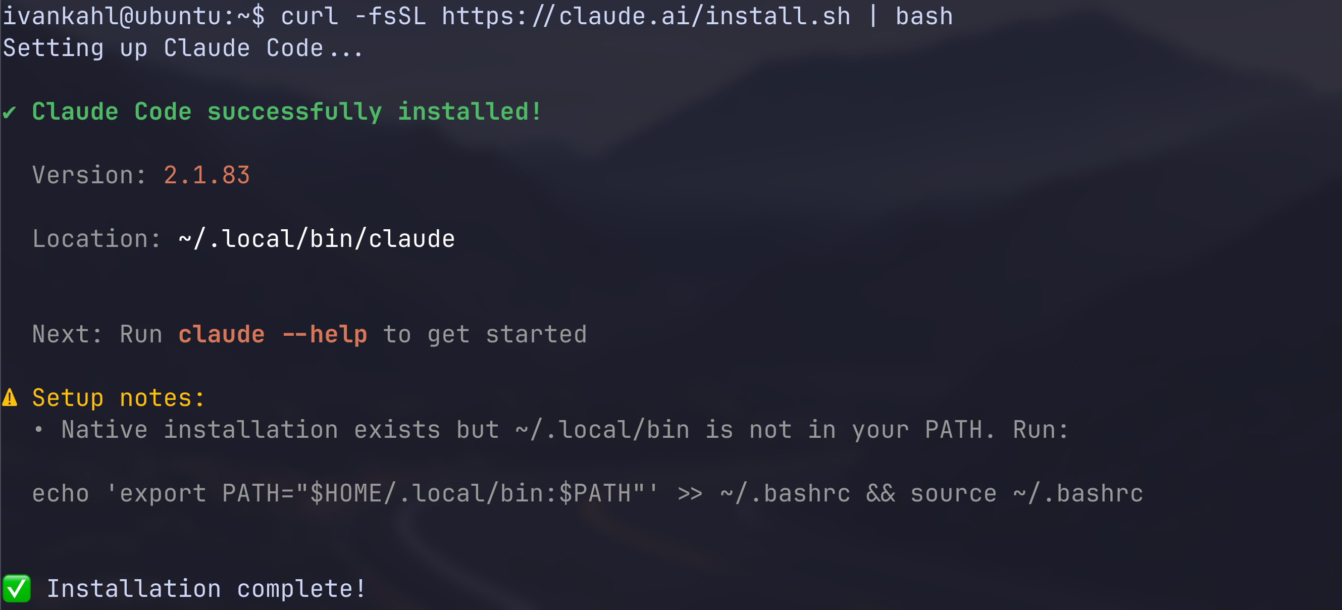 Screenshot showing Claude Code successfully installed.