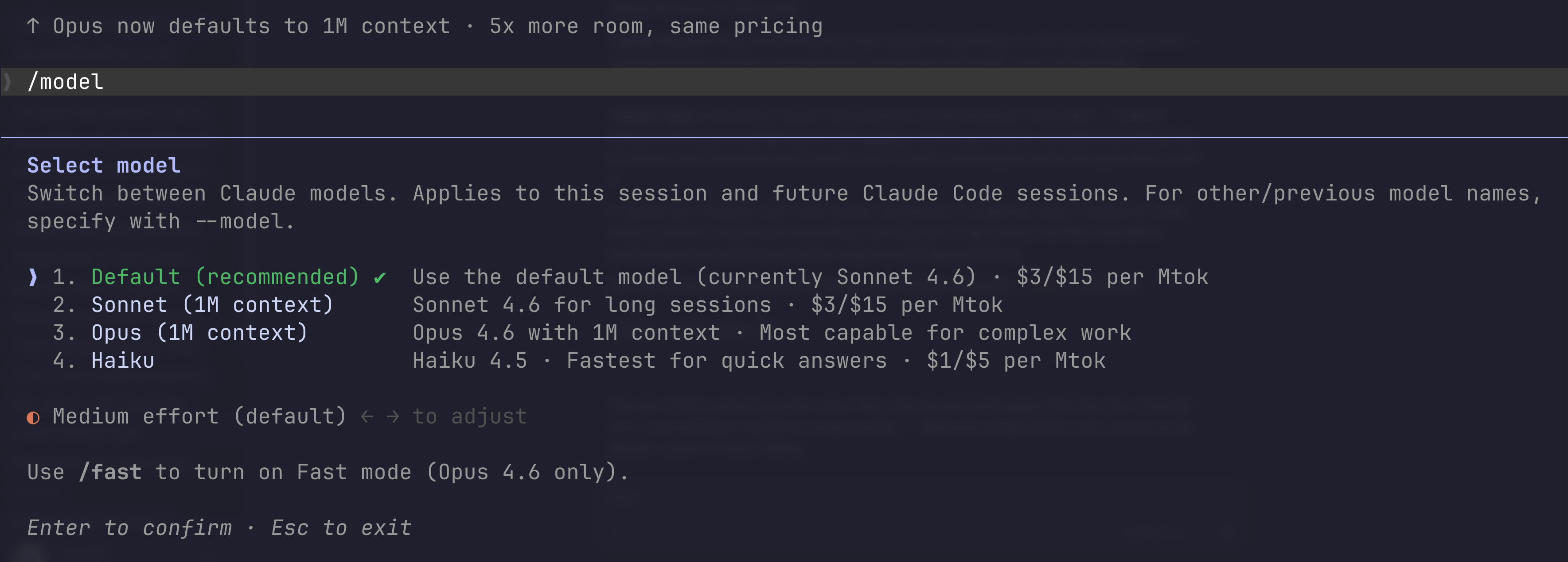 Screenshot showing the model picker in Claude Code.