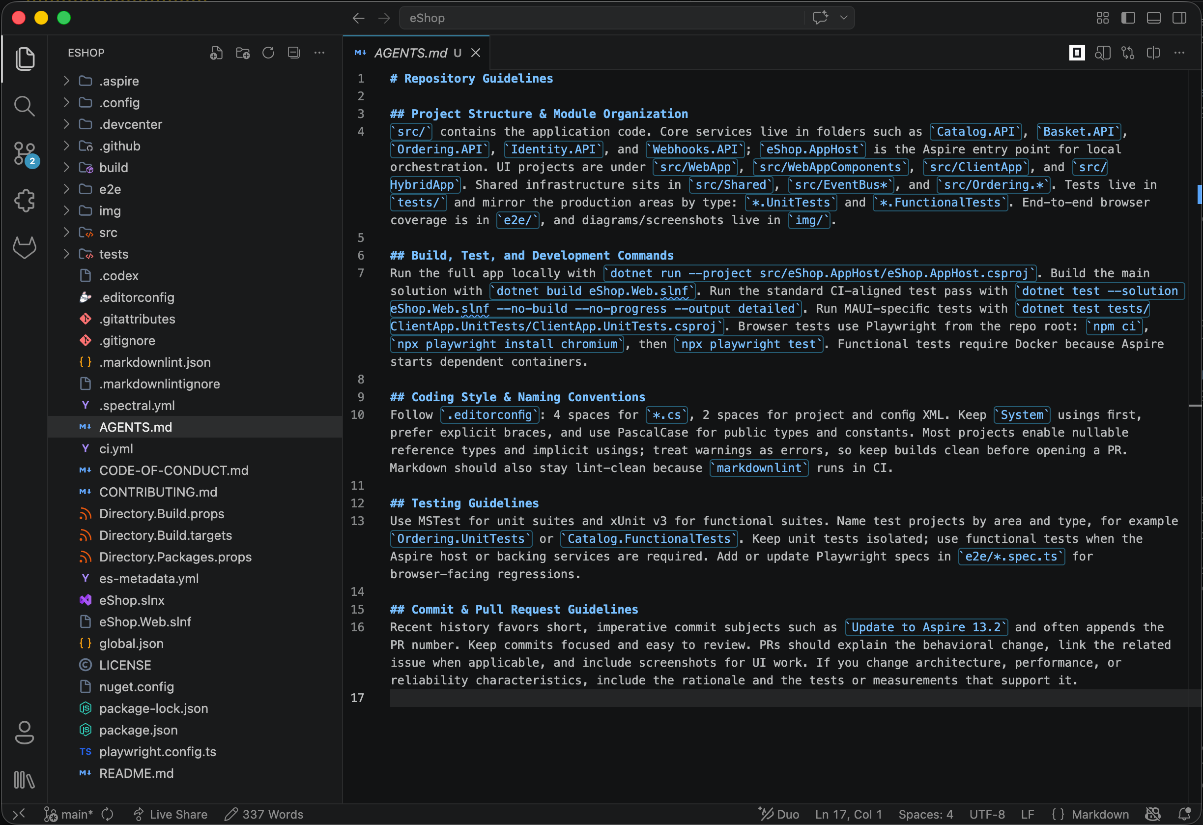 Screenshot of the AGENTS.md file open in VS Code.